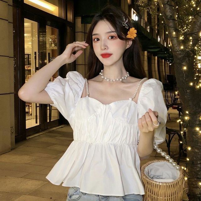 OUREA Puff-Sleeve Faux Pearl Strap Blouse YesStyle