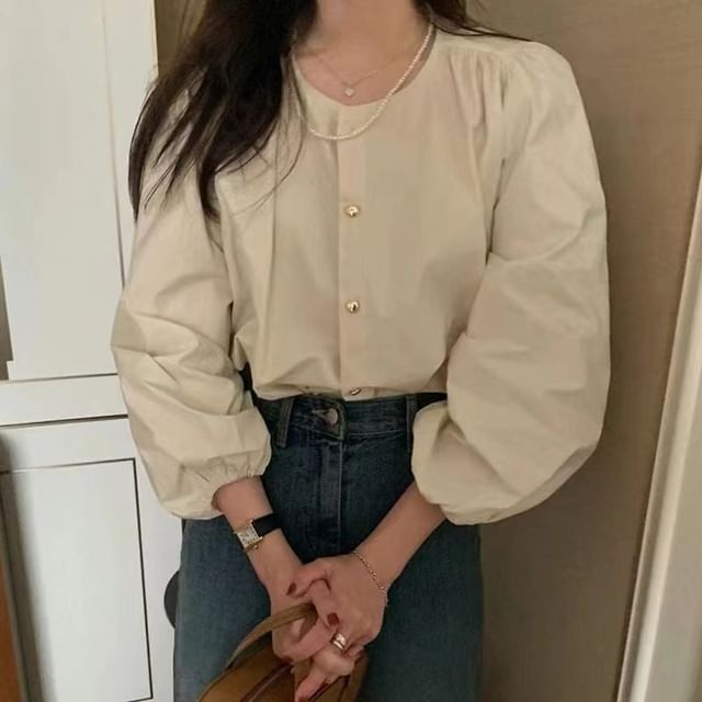 Everose-Puff-Sleeve Plain Button-Up Blouse