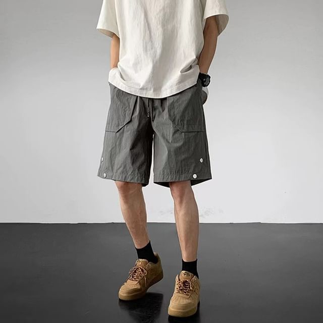 DuckleBeam-Drawstring Waist Plain Wide Leg Cargo Shorts