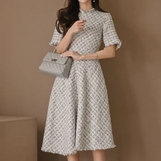 Short-Sleeve Tweed Midi A-Line Dress ...