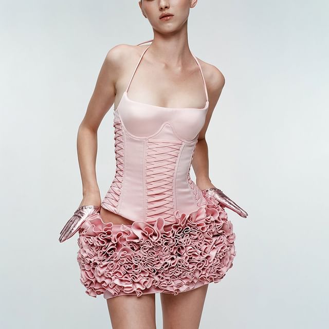 Amyway-Halter Neck Ruffle Plain Crop Corset Top