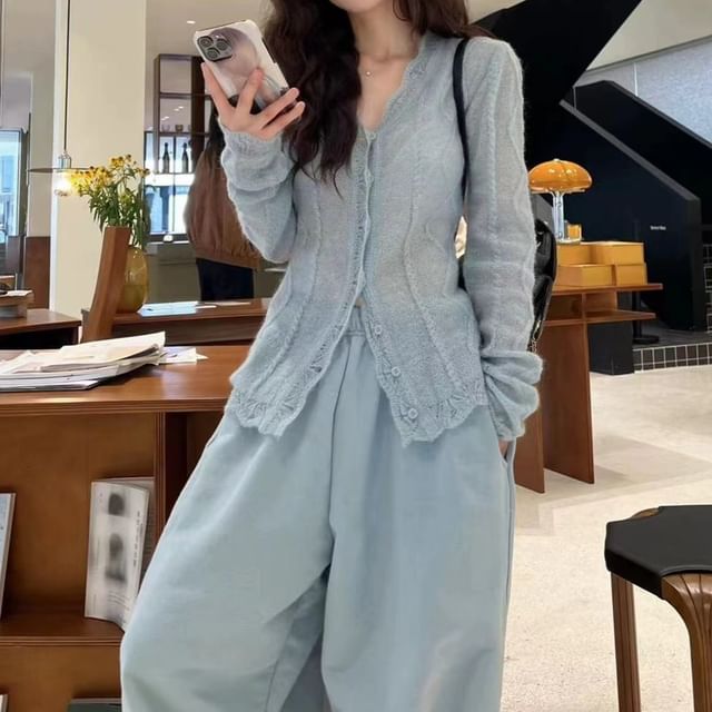 Shinsei-V-Neck Plain Lace Trim Sheer Button-Up Cardigan