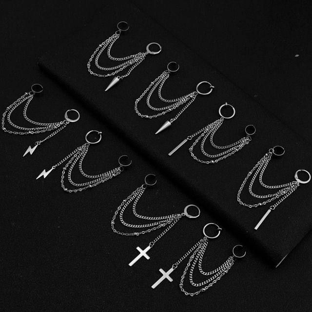 Juanitro-Stainless Steel Chain Hoop Earring with Ear Cuff
