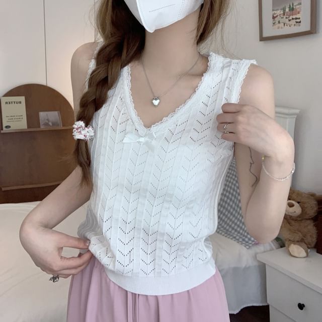 Allinya-V-Neck Lace Trim Pointelle Knit Top