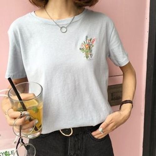 HotBlock - Short-Sleeve Flower Embroidered T-Shirt | YesStyle