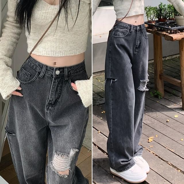 monroll-Mid Rise Cutout Loose Fit Jeans