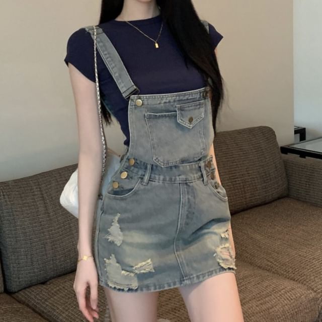 Trendycas-Washed Denim Mini Pinafore Dress