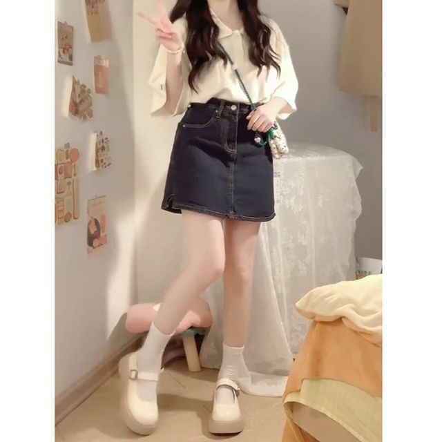 Fabflower Short-Sleeve Plain Polo Shirt High Waist Mini A-Line