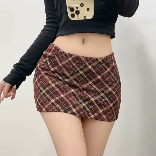 Ulark-Mid Rise Plaid Mini Pencil Skirt