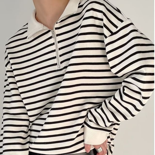 Urtishia-Stand Collar Striped Half-Zip Sweatshirt