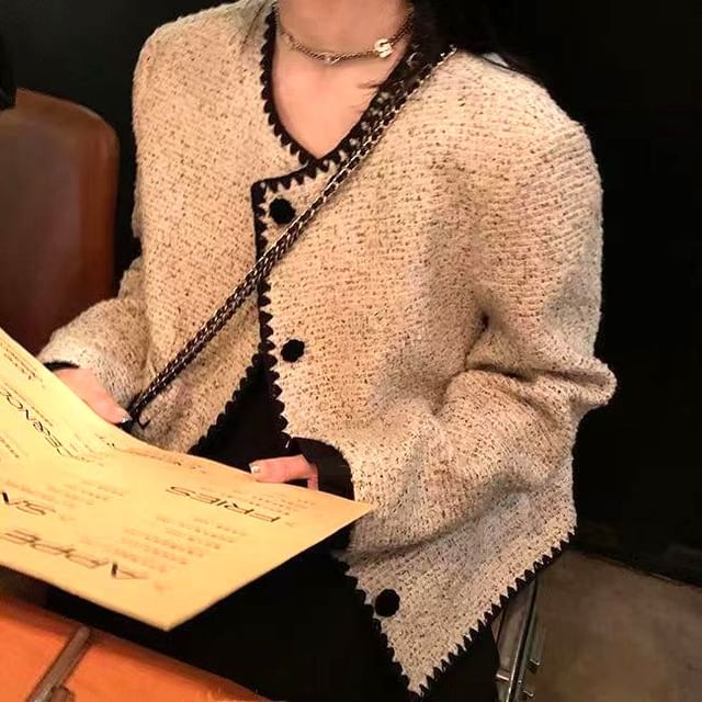 Striinkie-Round Neck Contrast Trim Button Jacket