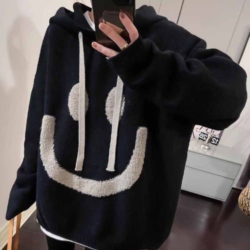 Long-Sleeve Smiley Face Print Knit Hoodie