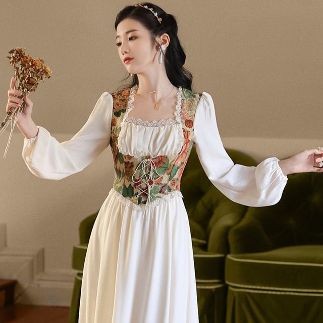 Lydiah - Puff-Sleeve Square Neck Floral Lace Trim Midi A-Line Dress |  YesStyle