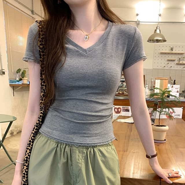 KUMI-Short Sleeve V-Neck Plain Panel Lace Tee