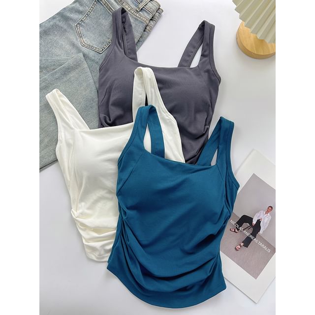 DIYI-Square Neck Plain Ruched Padded Tank Top