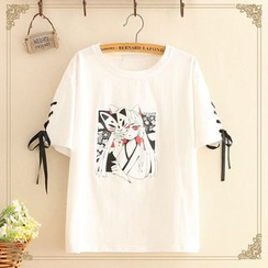 Kawaii Fairyland - 系带细节印花短袖上衣 Kawaii Fairyland - 系带细节印花短袖上衣