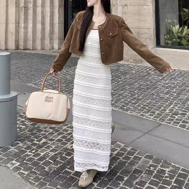 cropped jacket with maxi dress Boho Floral Printed Maxi Dress for Women Casual Two Piece Dress with Jacket Sets for Wedding Guest Loose Sleeveless Flowy Tank Dress Crew Neck Half Sleeve Short Cardigan 2Pcs Set S D