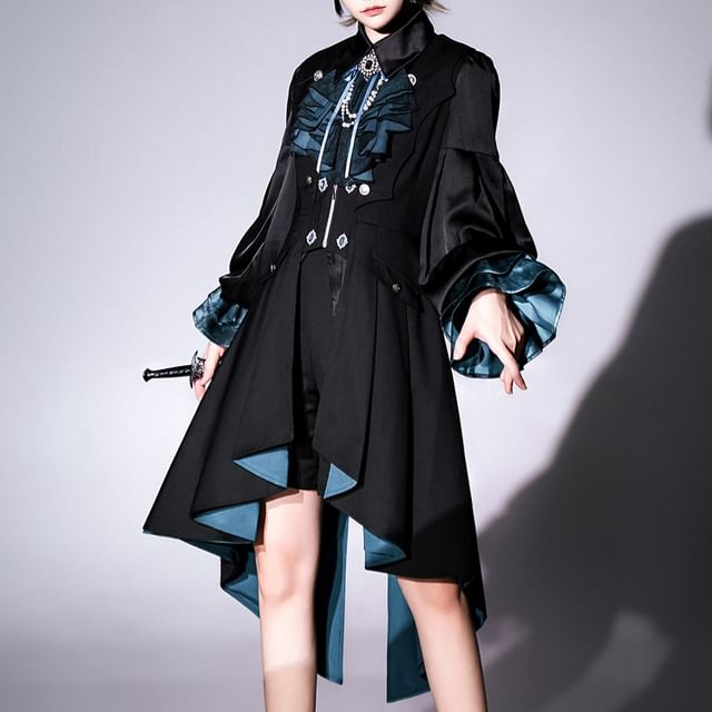 【2点セット】NAVAL DUNGAREE SHORT JACKET 48 Shirt Short Dungaree Dress For Girl Long Sleeve Collared Panel