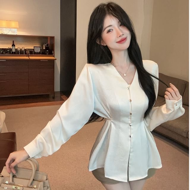 Whoosh-Long-Sleeve V-Neck Plain Flowy Blouse