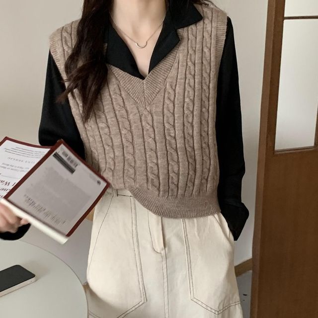 Beaustreet-V-Neck Cable Knit Sweater Vest