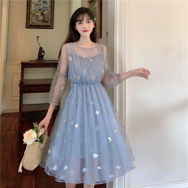 ZENME - Set: Slipdress + Puff-Sleeve Sequin Midi A-Line Dress | YesStyle