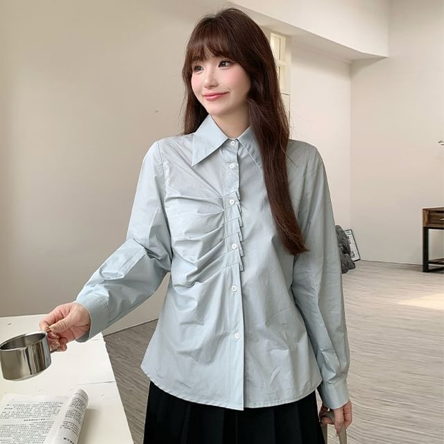 Appelsin-Long-Sleeve Collared Plain Ruched Button-Up Blouse