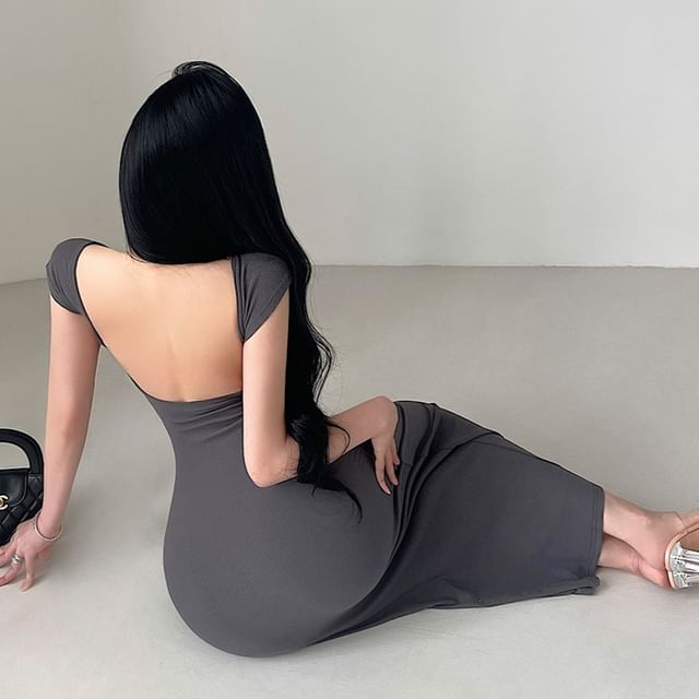 RainGirl - Cap Sleeve Round Neck Plain Backless Midi Sheath Dress | YesStyle