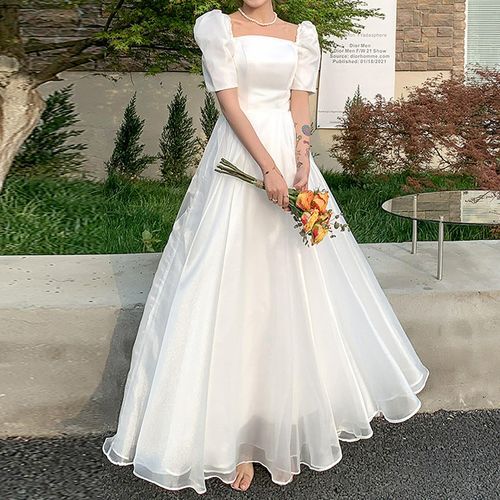 Short-Sleeve Square Neck Plain A-Line Wedding Gown / Midi Dress