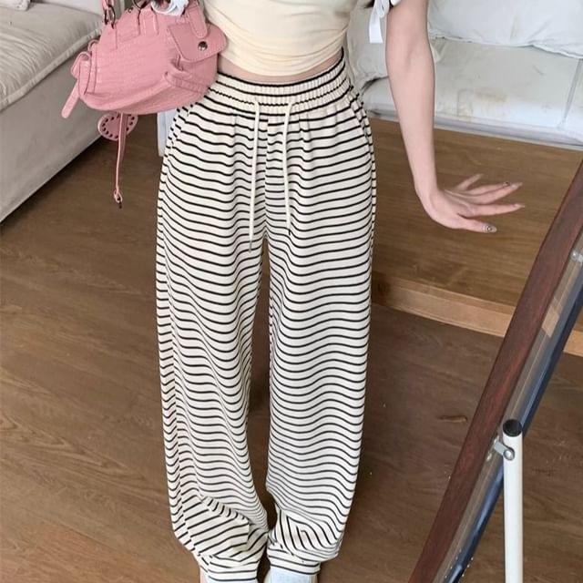 Leoom-Drawstring Waist Striped Wide Leg Pants