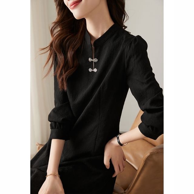 Jeonseon-Puff-Sleeve Frog Buttoned Plain Midi A-Line Dress