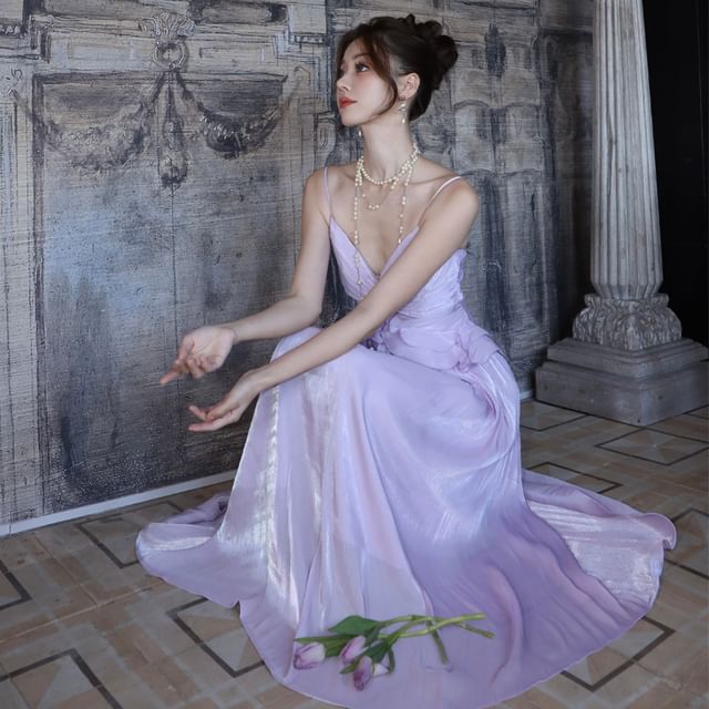 Spaghetti Strap V-Neck Plain A-Line Evening Gown