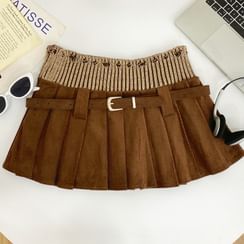 High Rise Lace-Up Denim Mini Pleated Skirt