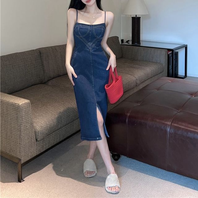 Secolo - Spaghetti Strap Front-Slit Denim Midi Sheath Dress | YesStyle