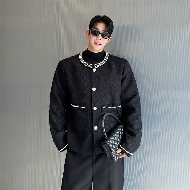 ravewider-Round Neck Faux Pearl Button Jacket