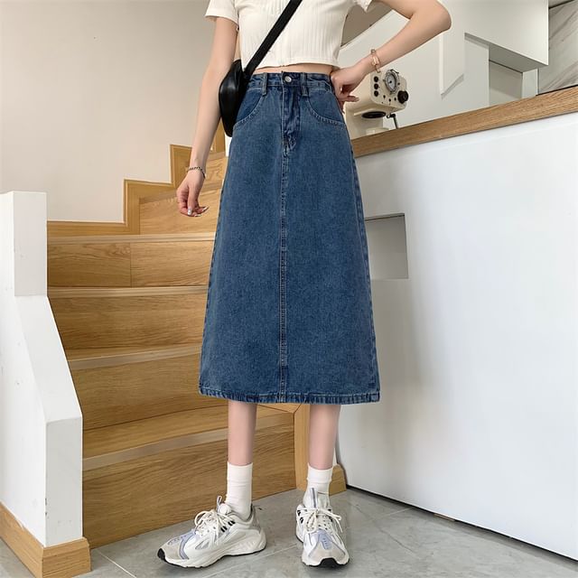 Yako - High-Rise Silt-Back A-Line Denim Midi Skirt | YesStyle
