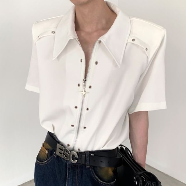 Ateso-Short-Sleeve Plain Studded Zipped Shirt