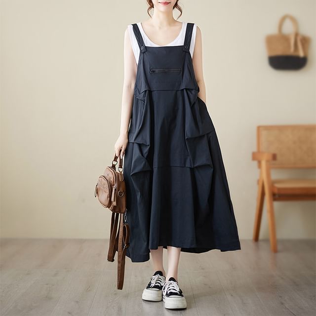Lewwe - Plain Ruched Midi A-Line Overall Dress | YesStyle Lewwe - Plain Ruched Midi A-Line Overall Dress | YesStyle