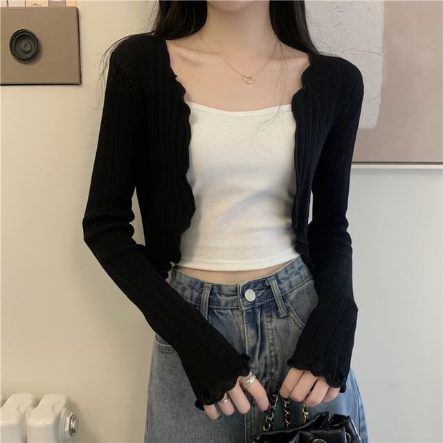 Magimomo-Plain Lettuce Edge Crop Open Front Cardigan