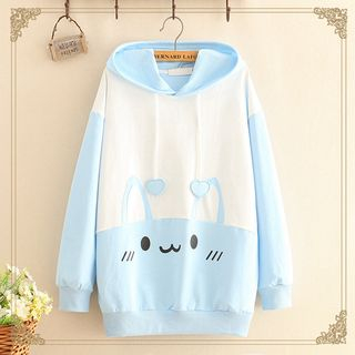 Kawaii Fairyland - Cat Print Color-Block Hooded Sweater | YesStyle