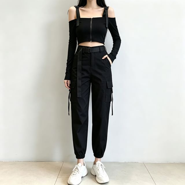 Strawolf-Crop top à fermeture éclair pantalon de jogging cargo