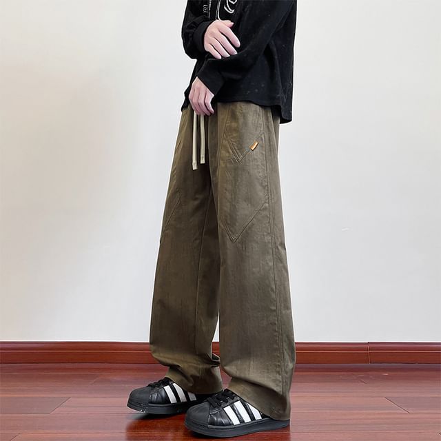 Stone Leo-Drawstring Waist Washed Wide Leg Pants