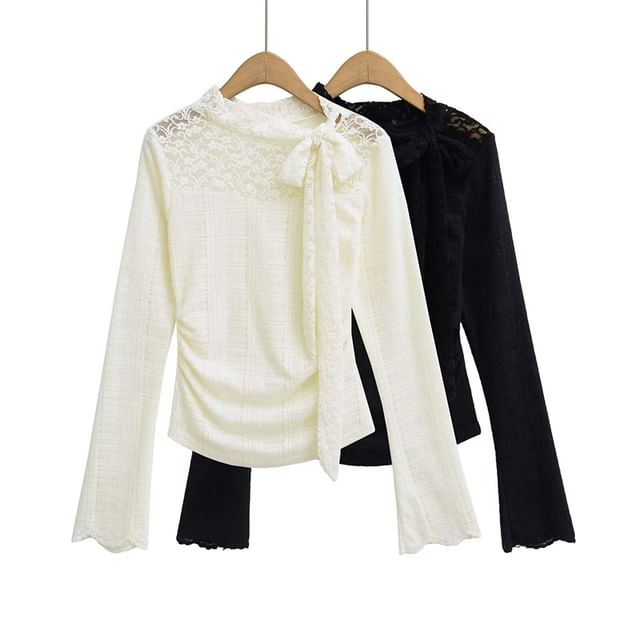 Ulark-Long Sleeve Tie Neck Plain Ruched Panel Lace Top