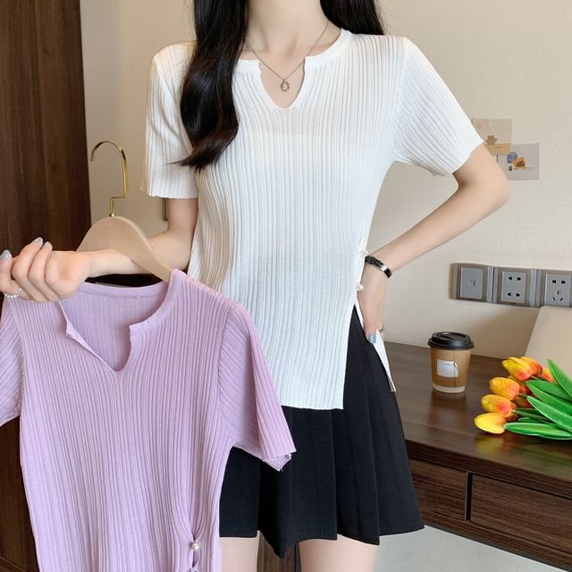 Allinya-Short-Sleeve Notch Neck Plain Slit Ribbed Knit Top