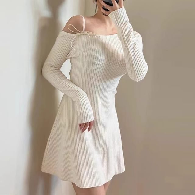 Coris-Long-Sleeve Asymmetrical Neck Cold-Shoulder Plain Mini A-Line Knit Dress