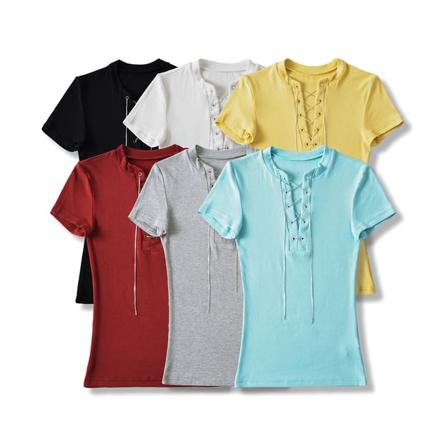 Asiris-Short Sleeve Notch Neck Plain Lace Up Tee