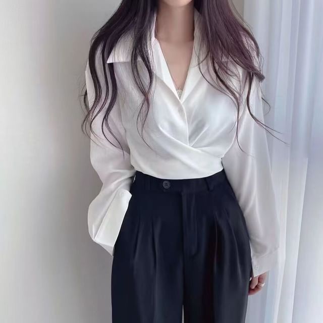 Everose-Long-Sleeve Plain Crop Shirt