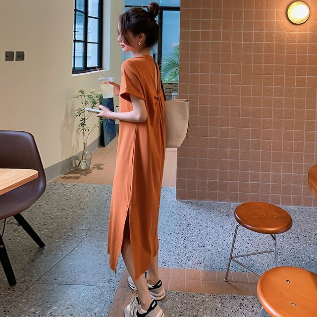 Tzarkozy - Short-Sleeve Plain Open Back Midi T-Shirt Dress | YesStyle