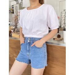 J-ANN - Round-Neck Band-Hem Crop Top J-ANN - Round-Neck Band-Hem Crop Top