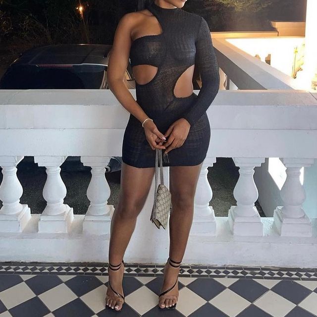 knee length dresses for ladies Harriet White Sequin One Sleeve Cut Out Mini Dress – Get That Trend main image 0