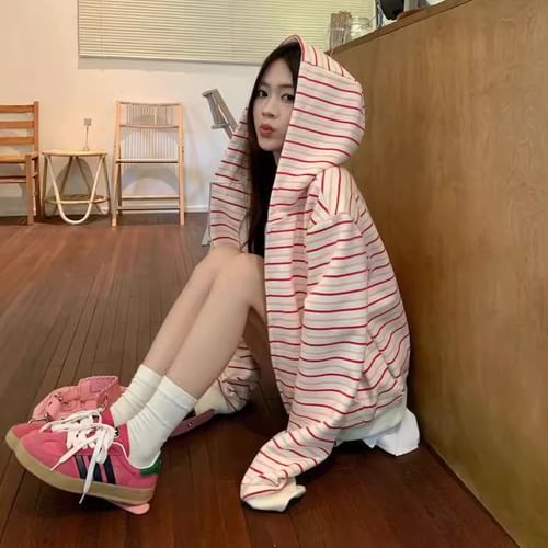 【SATIIIZ】Patil Stripe Knitwear Hooded Zip-Up satierra - Striped Zip Hoodie | YesStyle